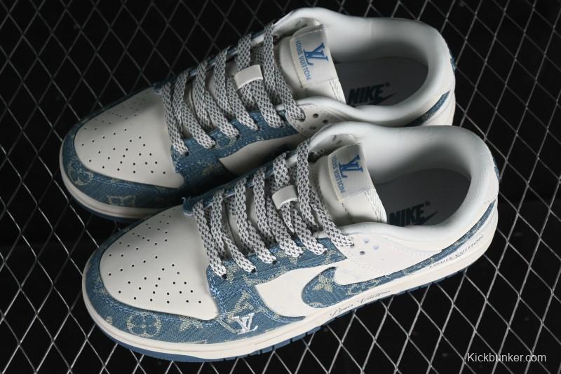 Nike SB Dunk Low LV Collaboration - Light Blue Denim Anniversary High-End Custom Low-Top Casual Skate Shoes - XP3802-336
