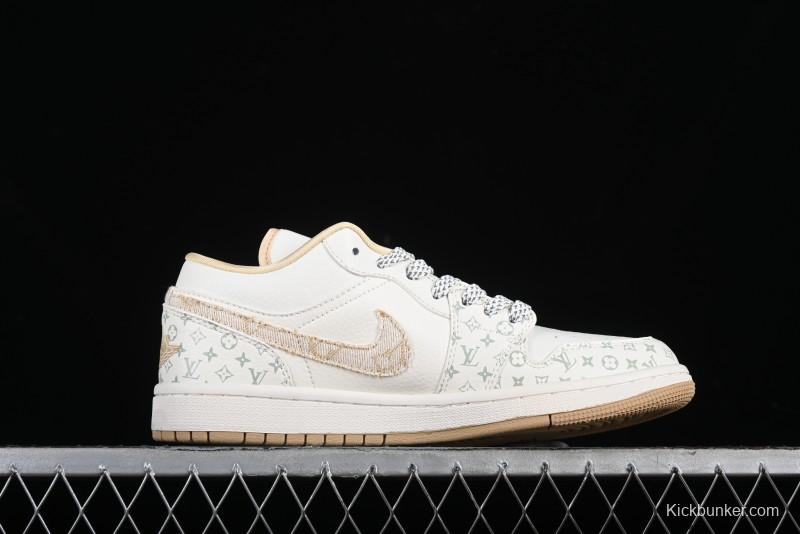 Nike Air Jordan 1 Low AJ1 Louis Vuitton Print Khaki Custom High-End Low-Top Basketball Shoes - SJ9950-004