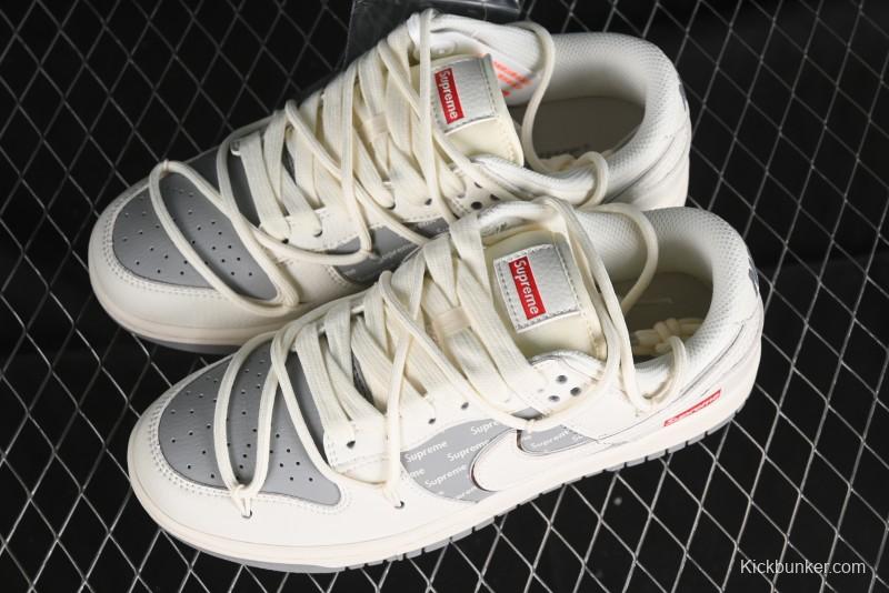 Nike SB Dunk Low Supreme Collaboration - Beige White Fox Lettering Anniversary High-End Custom Low-Top Casual Skate Shoes - JJ5688-106