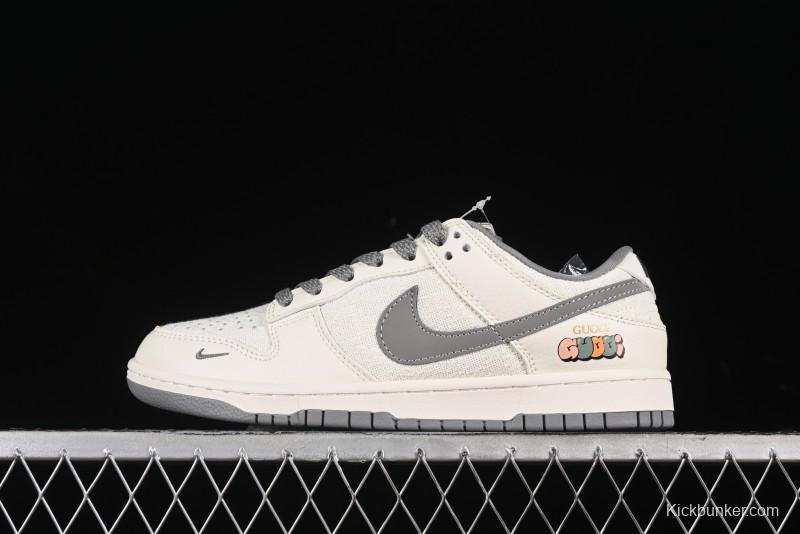 Nike SB Dunk Low Gucci Collaboration Anniversary High-End Custom Sneakers in Off-White & Dark Gray Swoosh - DQ1098-383