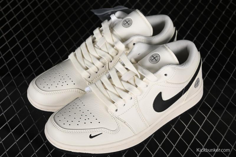 Nike Air Jordan 1 Low AJ1 Stone Island Collaboration - Off White Black Retro Low-Top Basketball Shoes - LJ6688-003