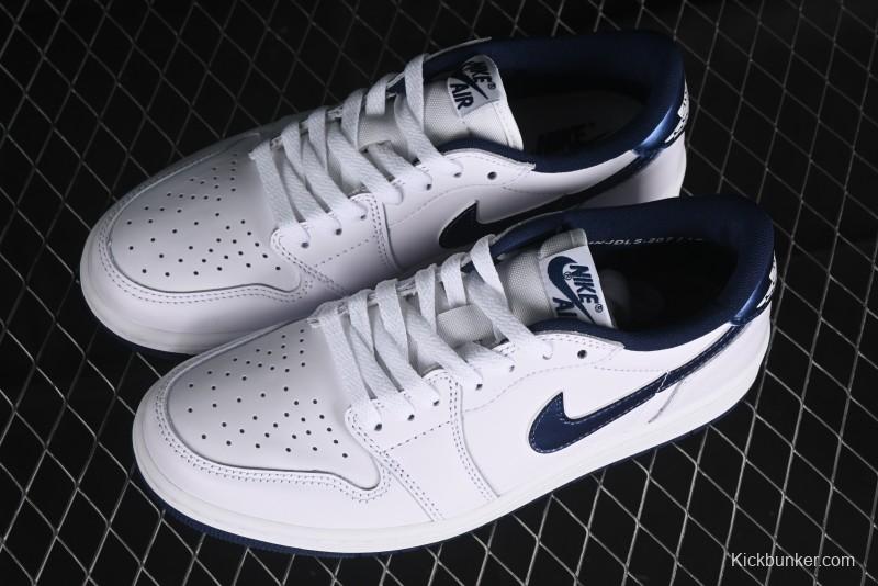 Nike Air Jordan 1 Low 85 Retro Sneakers in White with Metallic Blue Swoosh - FB9933-141