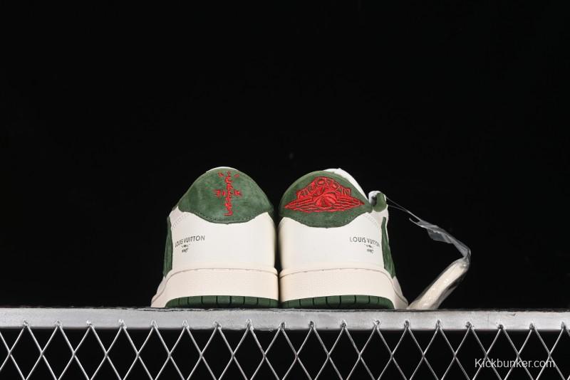 Nike Travis Scott x Fragment Design x Air Jordan 1 Low OG SP AJ1 LV Collaboration - Grey Green Pigskin Low Top Casual Sneakers - XZ1268-005