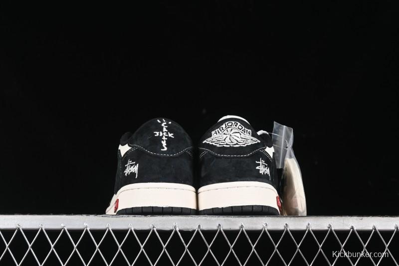 Nike Travis Scott x Fragment Design x Air Jordan 1 Low OG SP AJ1 Supreme Stussy Collaboration - Red Tab Black Warrior Low Top Casual Sneakers - SJ2068-124