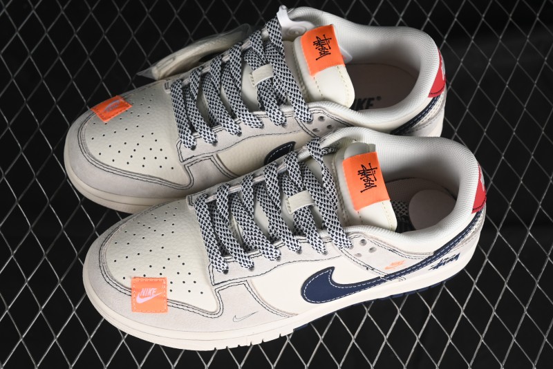 Nike SB Dunk Low Stussy Collaboration - Patchwork Grey White Dark Blue Swoosh Anniversary Custom Low-Top Casual Skate Shoes - MM1089-025