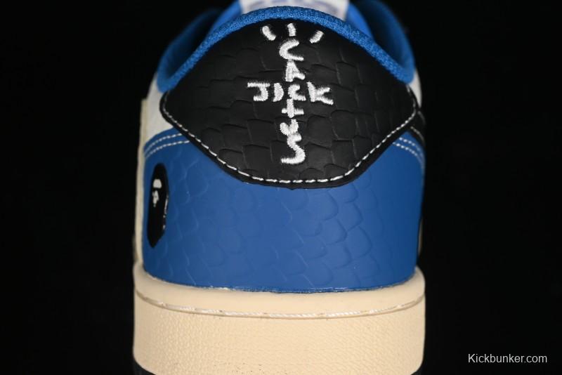 Nike Travis Scott x Fragment Design x Air Jordan 1 Low OG SP AJ1 Bape Collaboration - Crocodile Leather Black White Blue Low Top Casual Sneakers - XZ2828-001
