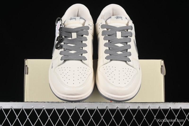 Nike SB Dunk Low Stussy Collaboration - Off White Dark Grey Swoosh Anniversary Custom Low-Top Casual Skate Shoes - DQ1098-382
