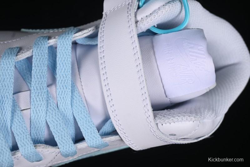 Nike Air Force 1 '07 Mid Light Blue Hand-Painted Cracked Three Stripes Shadow Mid-Top Casual Sneakers - CW2289-111