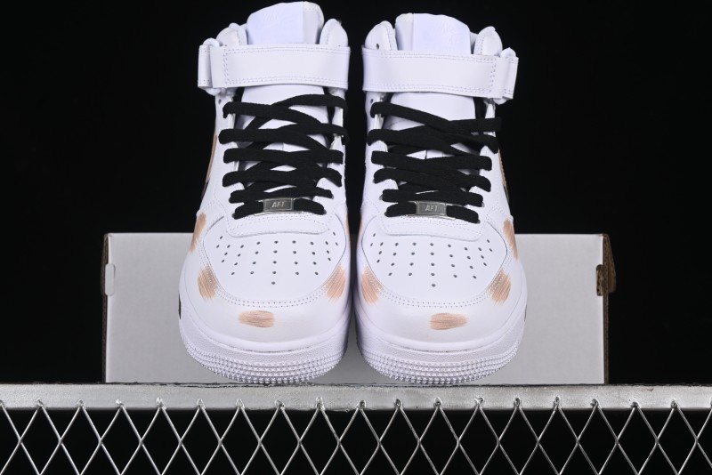 Nike Air Force 1 '07 Mid Hand-Painted White Black Brown with Swoosh Shadow Strap Mid-Top Casual Sneakers - CW2289-111