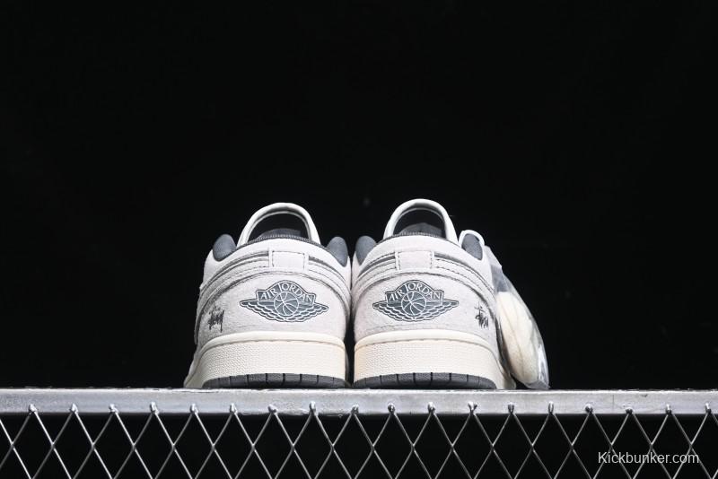 Nike Air Jordan 1 Low AJ1 Stussy Collaboration - Premium Customized Pigskin Grey Line Retro Basketball Shoes - DM9188-005