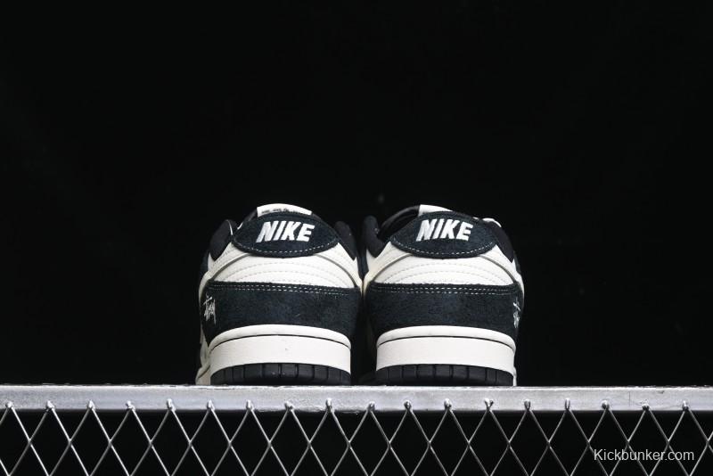 Nike SB Dunk Low Stussy Collaboration - Black White Mini Swoosh Anniversary Custom Low-Top Casual Skate Shoes - XY1688-017