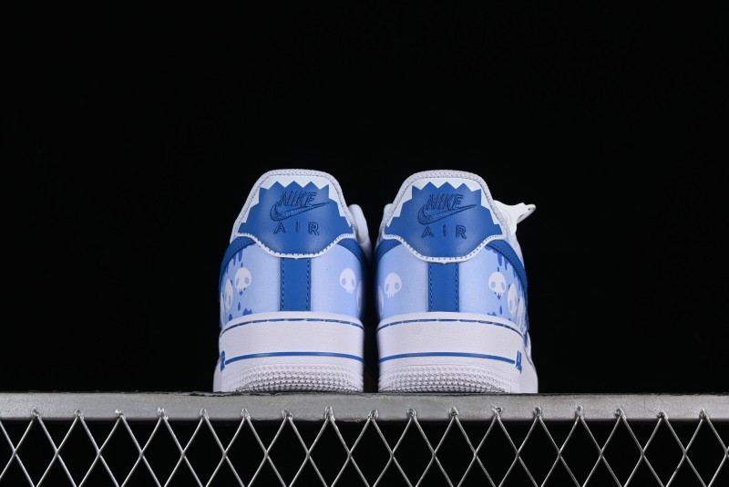 Nike Air Force 1 '07 Low Witch Collaboration Custom Leather Sneakers with Skull Design and Gradient White-Blue - CW2288-111