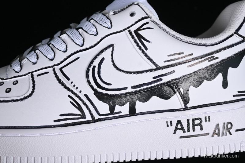 Nike Air Force 1 '07 Low Casual Sneakers with Black and White Hand-Drawn Manga Design - CW2288-811