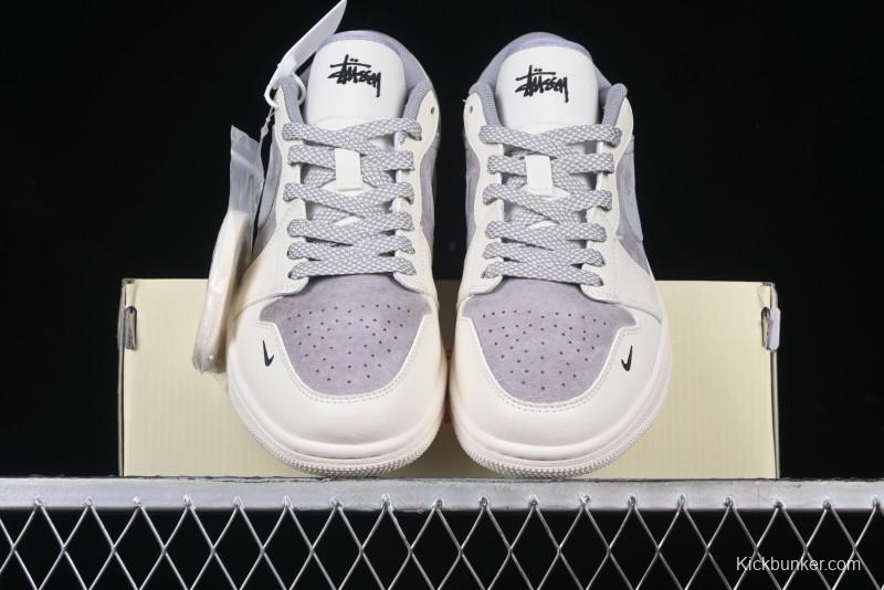 Nike Air Jordan 1 Low Stussy Collaboration - Retro Basketball Shoes in Light Grey - SJ9950-044