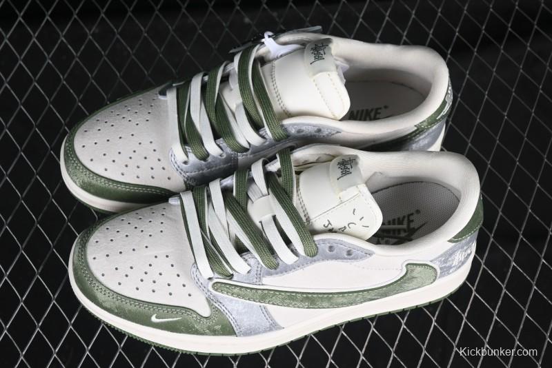 Nike Travis Scott x Fragment Design x Air Jordan 1 Low OG SP AJ1 Retro Sneakers in Green Suede - DM9288-012