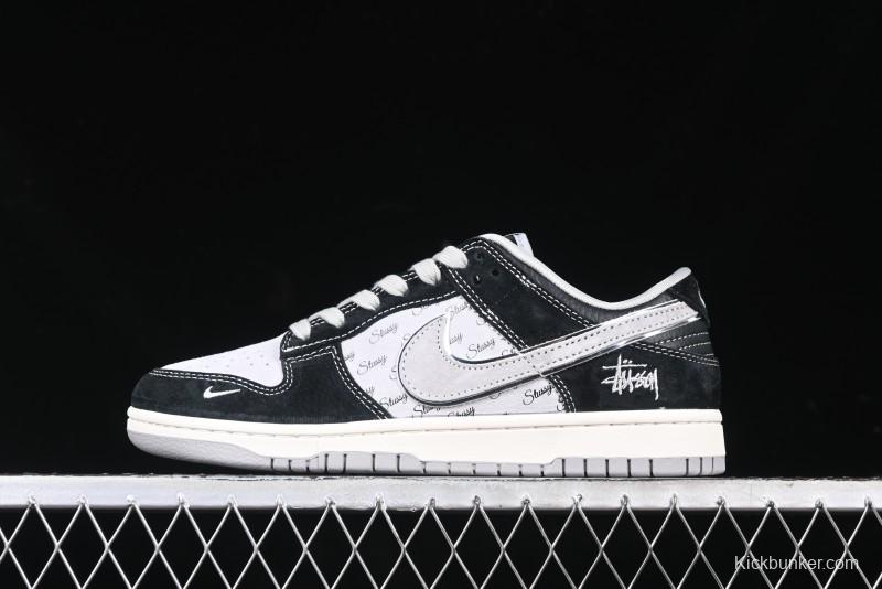 Nike SB Dunk Low Stussy Collaboration - Black Grey Pig Leather Anniversary Custom Edition Low-Top Casual Sneakers - XX3168-008