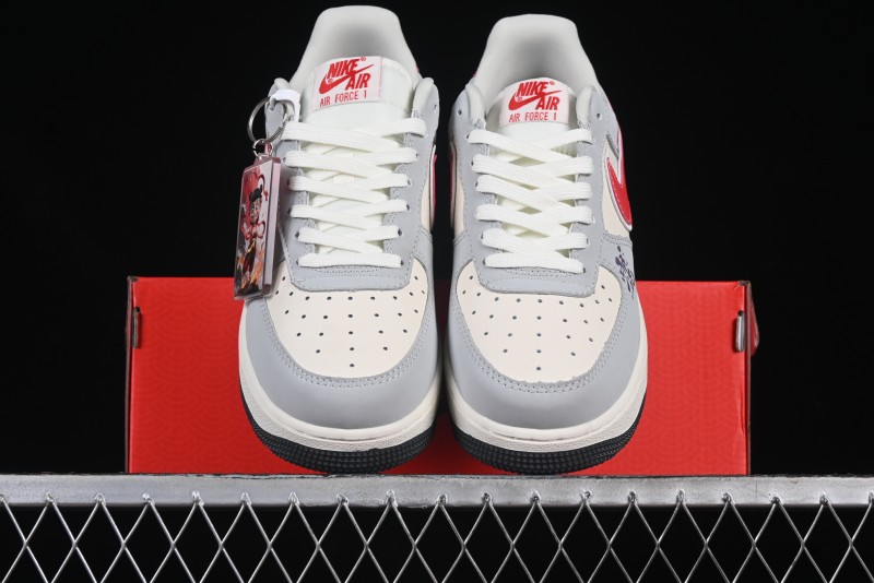 Nike Air Force 1 '07 Low Nezha Collaboration Grey Red Swoosh Casual Sneakers - DF0188-046