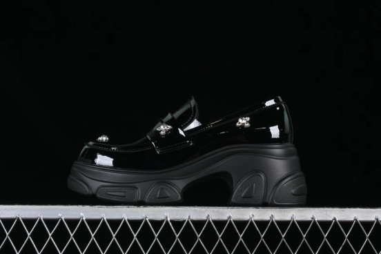 Black Patent Chunky Platform Loafers with Metal Embellishments