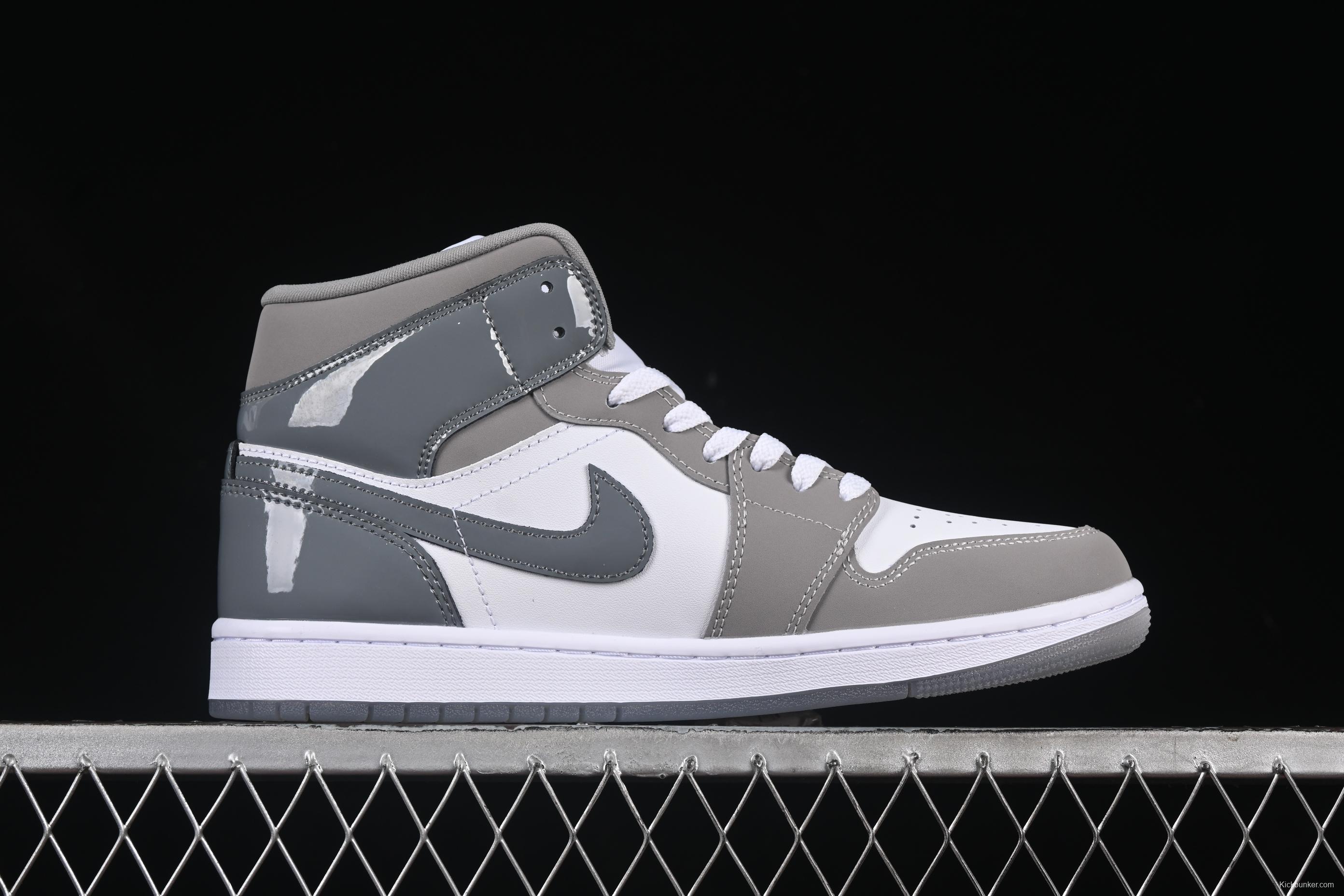 Nike Air Jordan 1 Mid Basketball Shoes in White Grey Patent Leather - HF3216-100