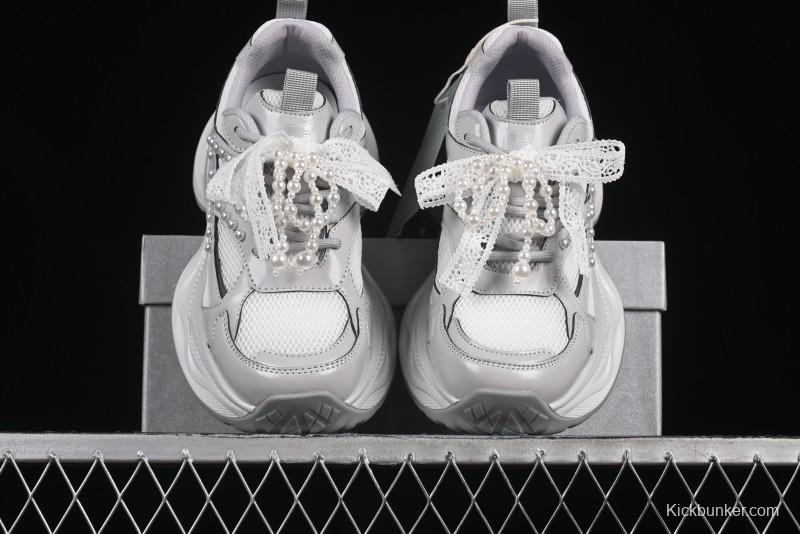 GG-CC Lace Pearl Chain Casual Platform Dad Shoes - 250310 Silver