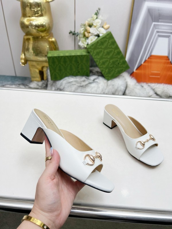 2025 Women Gucci White Leather Heeled Slippers MJ00180
