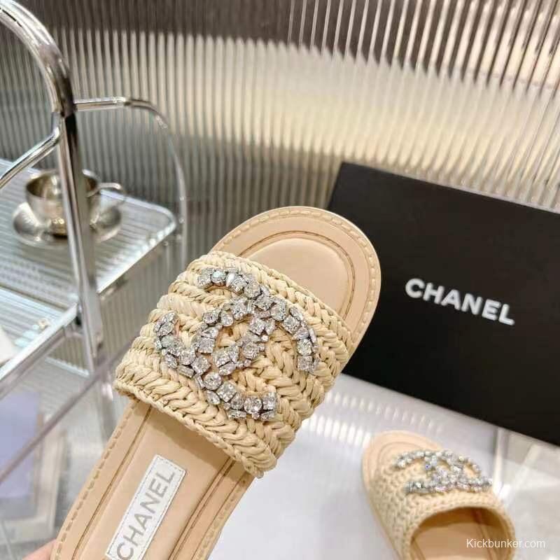 2025 Women Chanel Beige Raffia Crystal Slippers LY00270