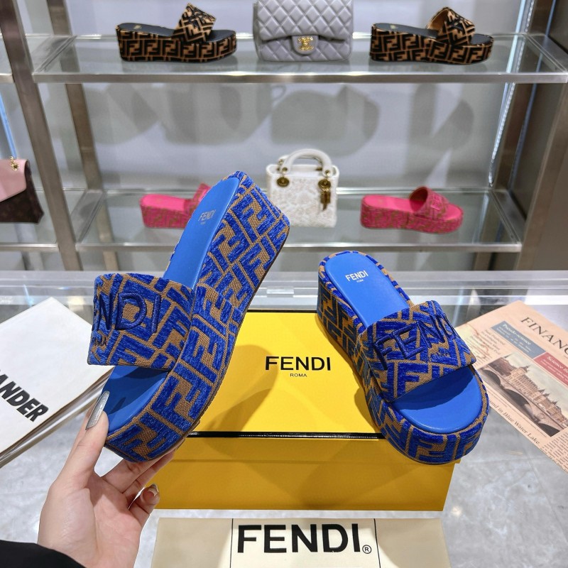 2025 Fendi Blue Brown Canvas Slippers