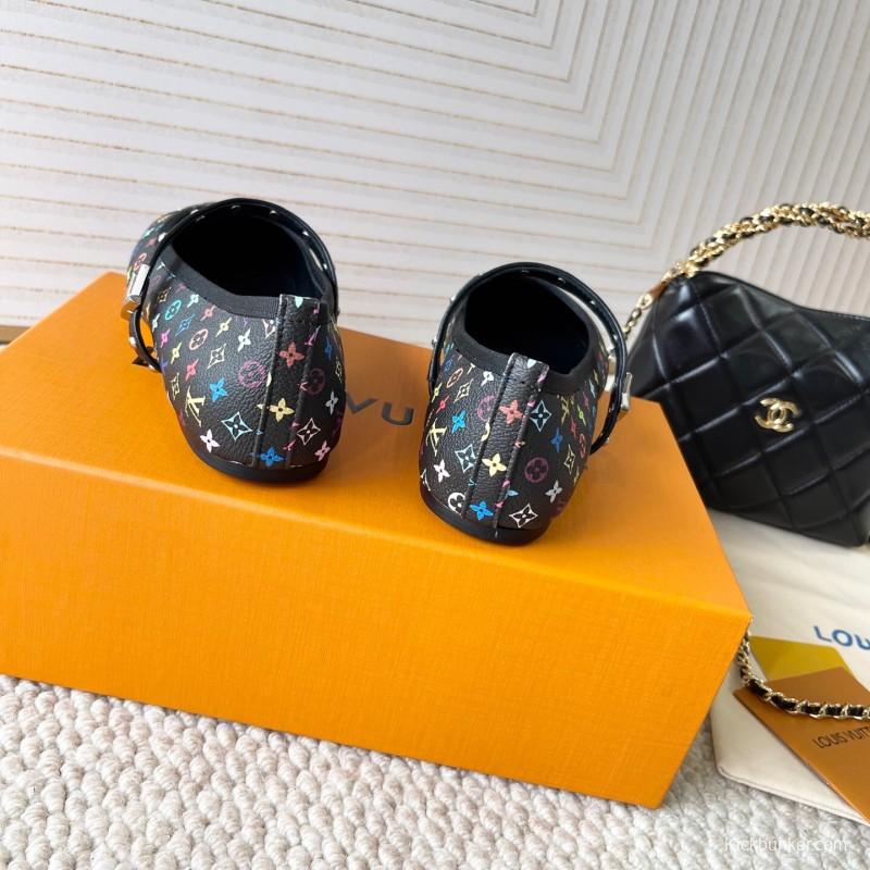 2025 Women Louis Vuitton Black Multicolor Leather Ballet Flats KFY00300