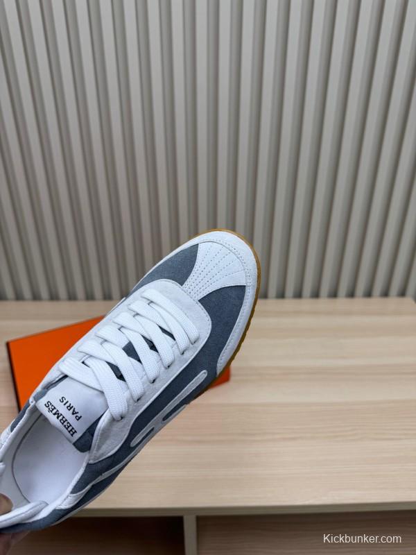 2025 Unisex Hermès White Grey Suede Canvas Sneakers KFY00300
