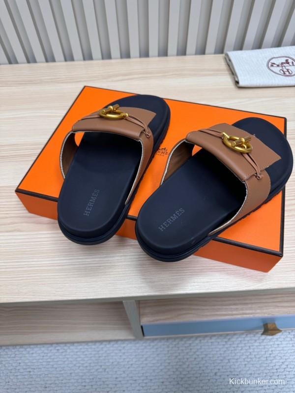2025 Slippers Hermès Brown Black Leather Slippers
