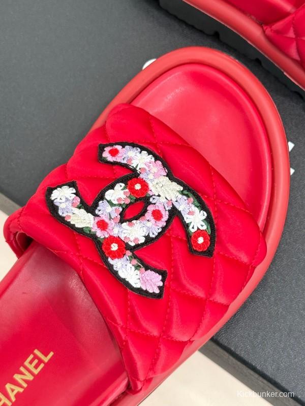 2025 Slippers Chanel Red Quilted Sequins Slide KFY00261