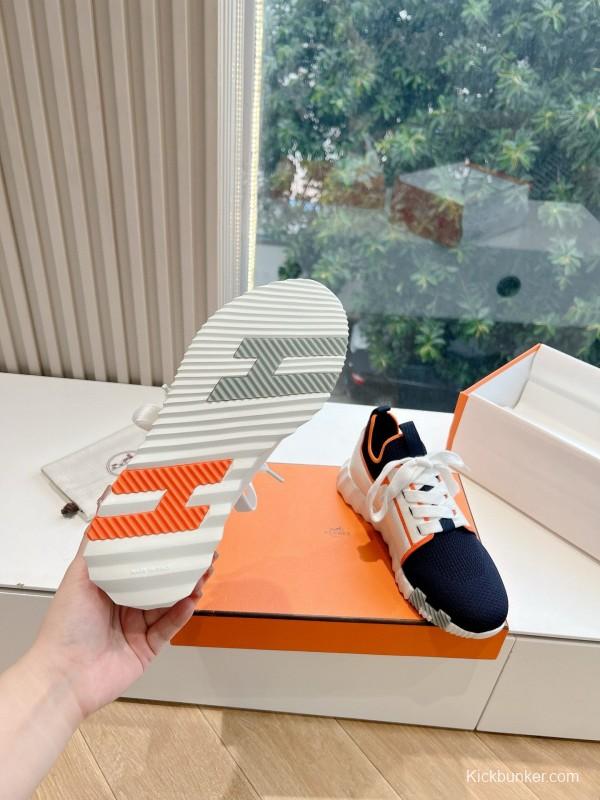 2024 Unisex Hermès 爱H Navy Orange Knit Leather Sneakers 