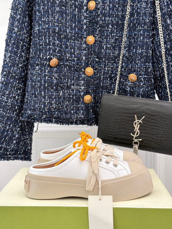 2025 Women Yves Saint Laurent White Leather Low-Top Platform Sneakers Yellow Laces Casual Chic YSL1234 (F)