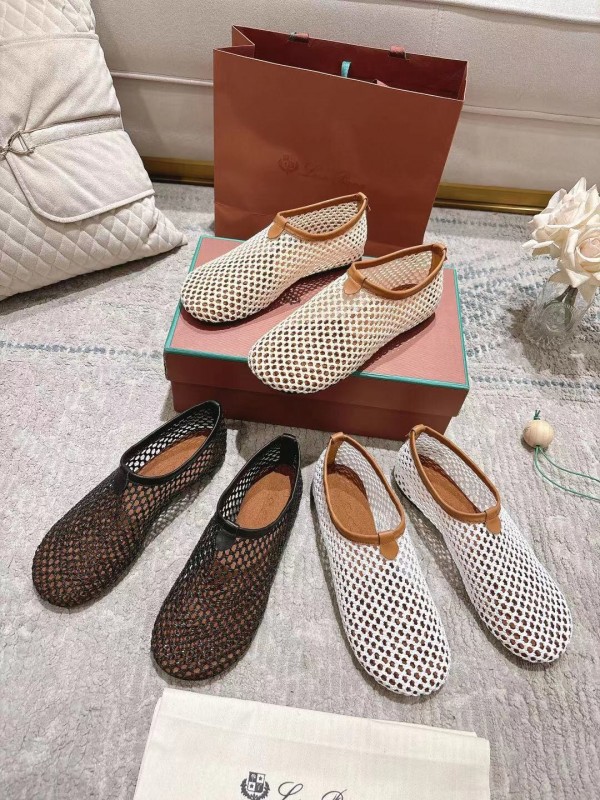 2025 Women LP White Brown Leather Mesh Ballet Flats