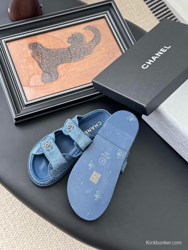 2025 Women Chanel Blue Denim Leather Slippers LY00310