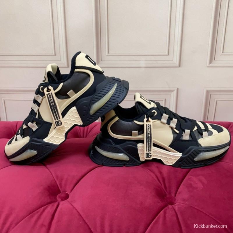 2024 Unisex Dolce & Gabbana Black Beige Wool Leather Sneakers MJ00340