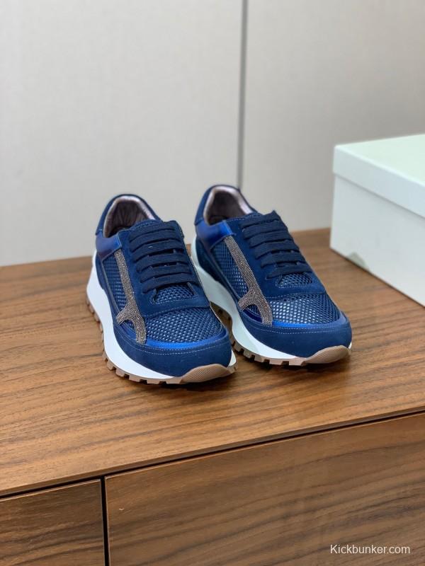 2025 Men Brunello Cucinelli Blue Navy Suede Mesh Casual Sneakers KFY00310