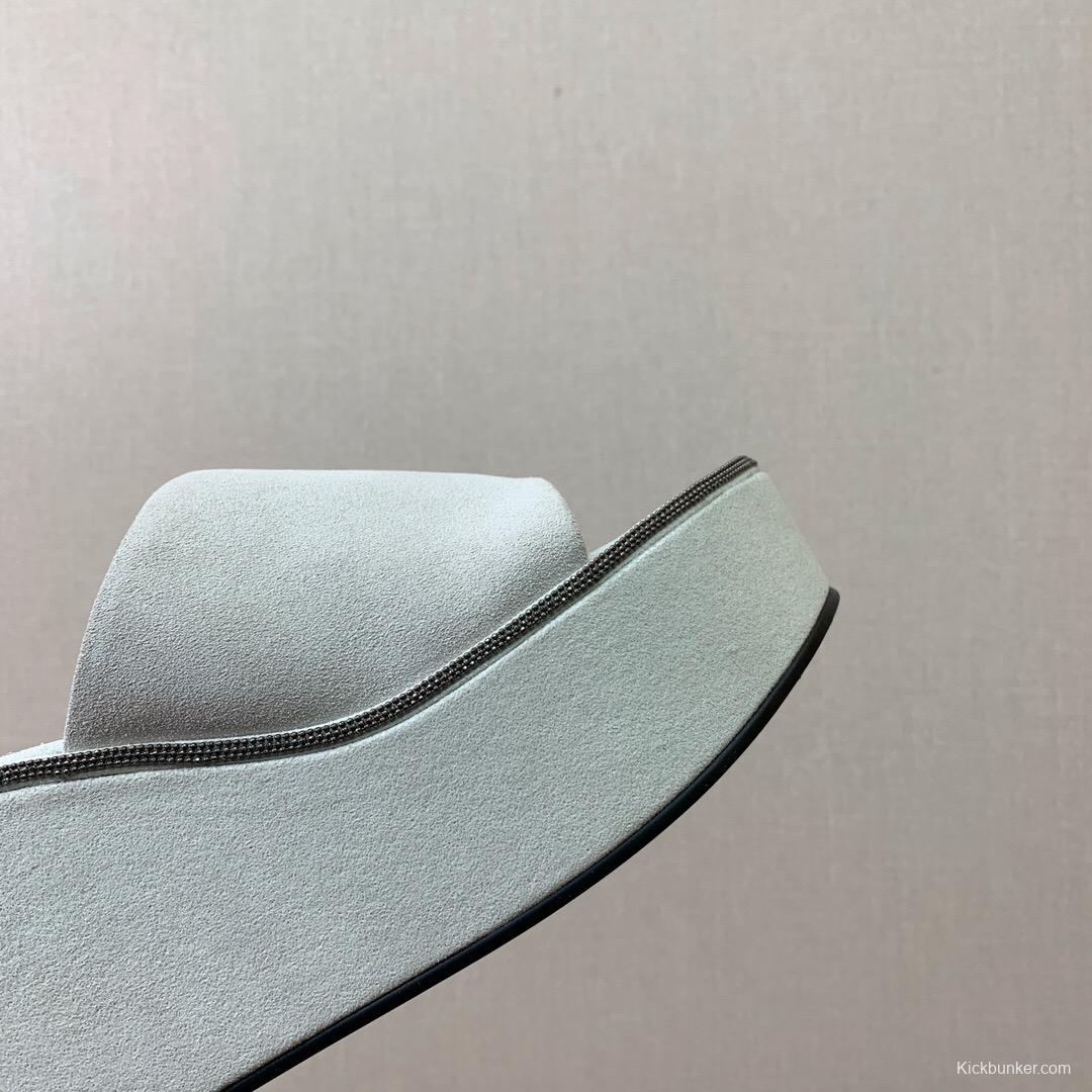 2025 Women BRUNELLO CUCINELLI White Suede Platform Slide Sandals Casual Craftsmanship LY00360(F)