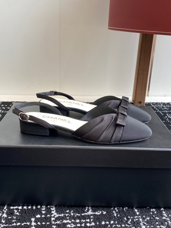 2025 Women Chanel Black Satin Silk Leather Sandals Bow KFY00289