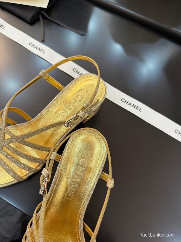 2025 Women Chanel Gold Fabric Sandals KFY00289