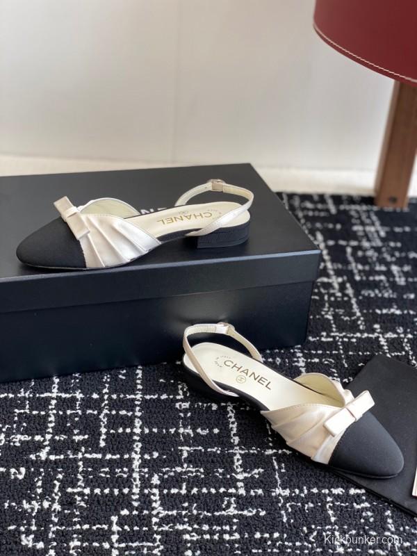 2025 Women Chanel Black Beige Silk Leather Sandals Bow KFY00289
