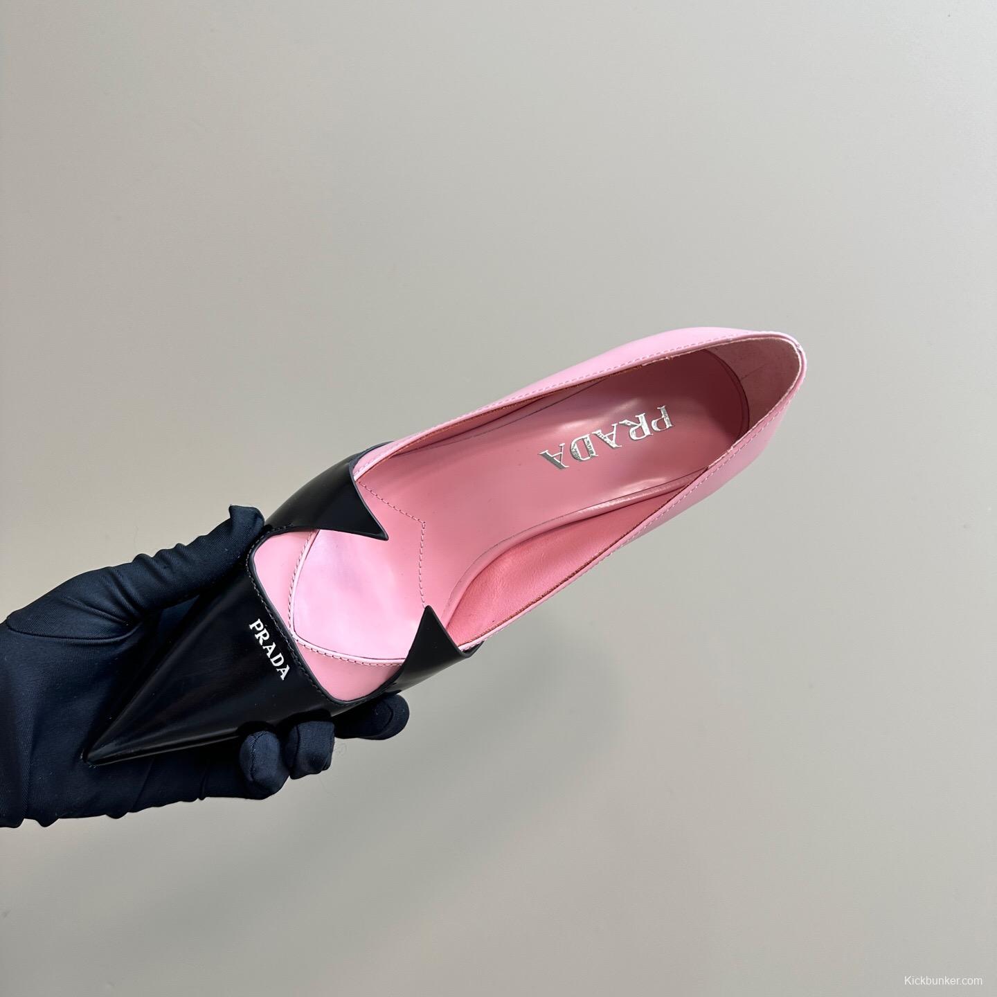 2025 Women Prada Pink Black Leather Pointed Toe Low Heel KFY00310