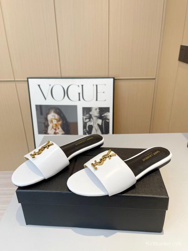 2025 Women Yves Saint Laurent White Leather Slippers LY00180