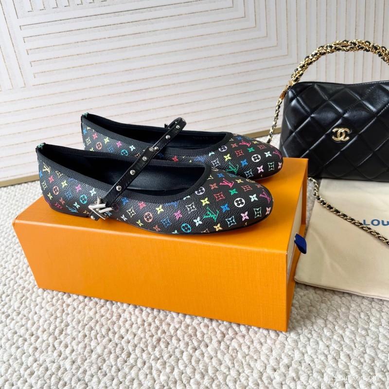2025 Women Louis Vuitton Black Multicolor Leather Ballet Flats KFY00300