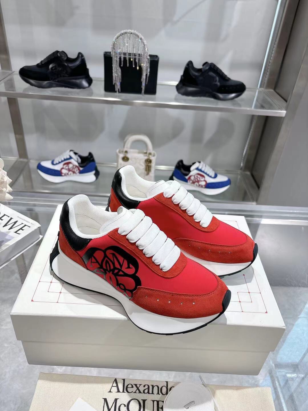 2025 Women Alexander McQueen Red Black Leather Suede Sneakers LY00340