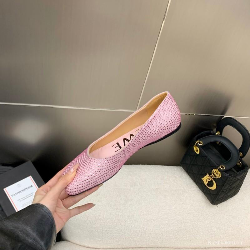 2025 Women Loewe Pink Lambskin Rhinestone Ballet Flats LY00291