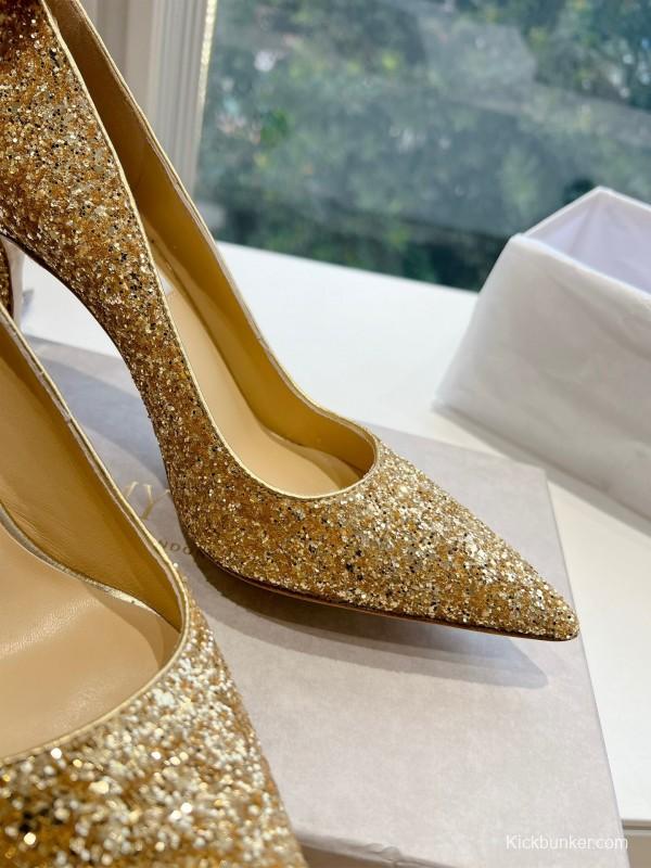 2025 Women Jimmy Choo Gold Crystal Leather Heels KFY00280