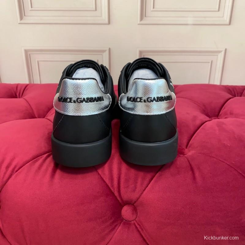2025 Men Dolce & Gabbana Black Silver Leather Sneakers