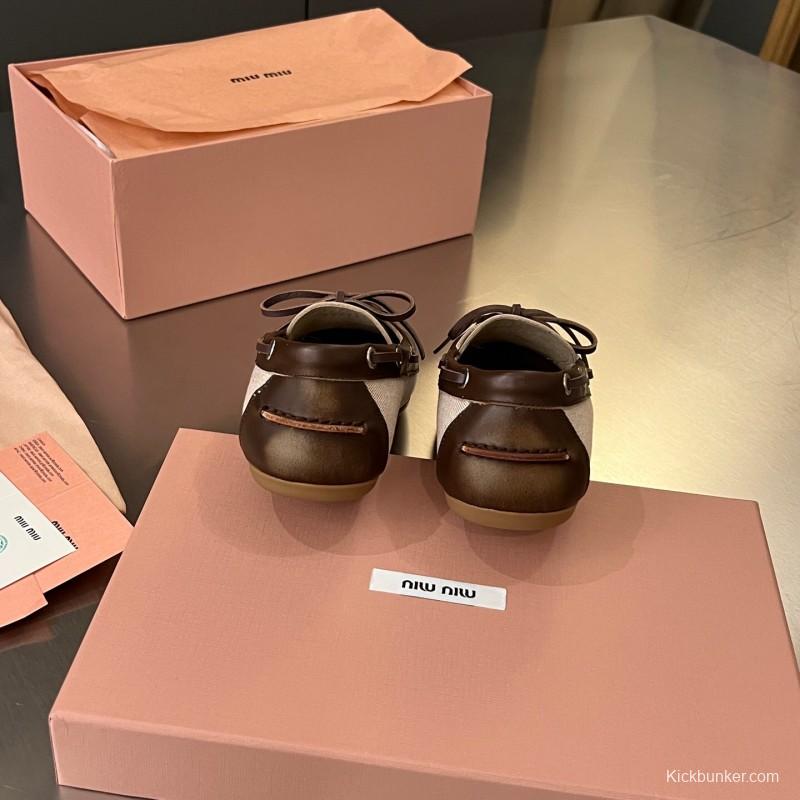 2025 Women Miu Miu Brown Beige Leather Canvas Loafers LY00230