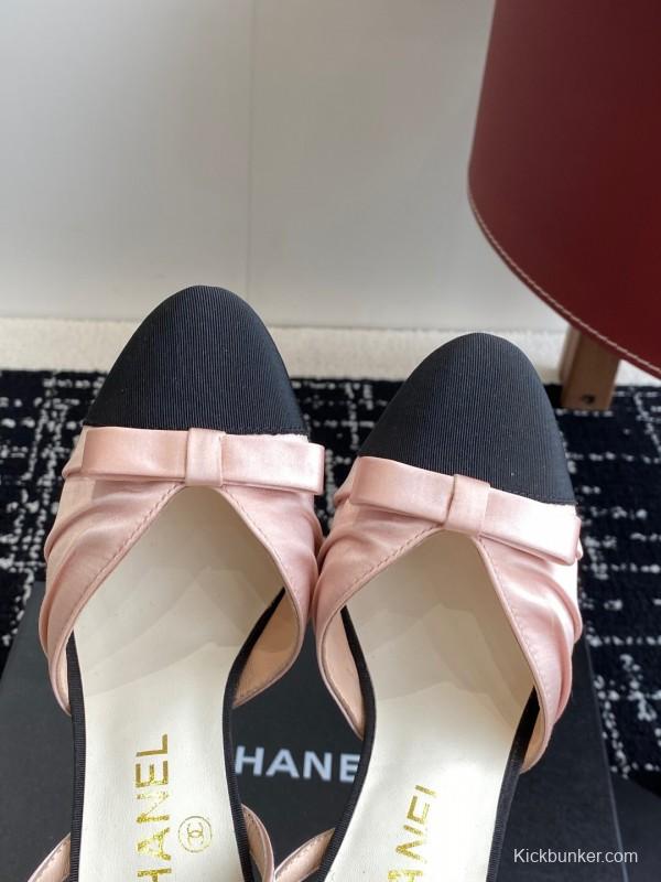 2025 Women Chanel Pink Black Satin Leather Slingback Heels KFY00289